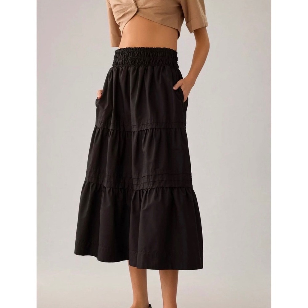 Anthropologie Somerset Black Tiered Maxi Skirt Smocked Waist Cotton Small